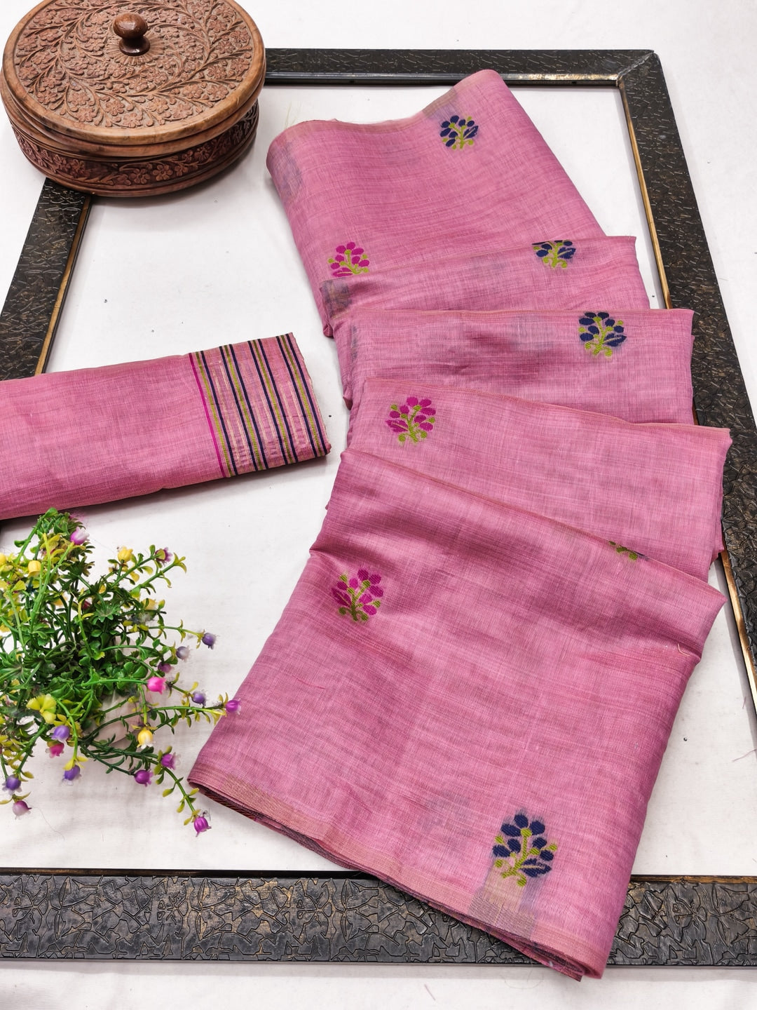 Peachmode Pink Jamdani Cotton Saree - Image 3