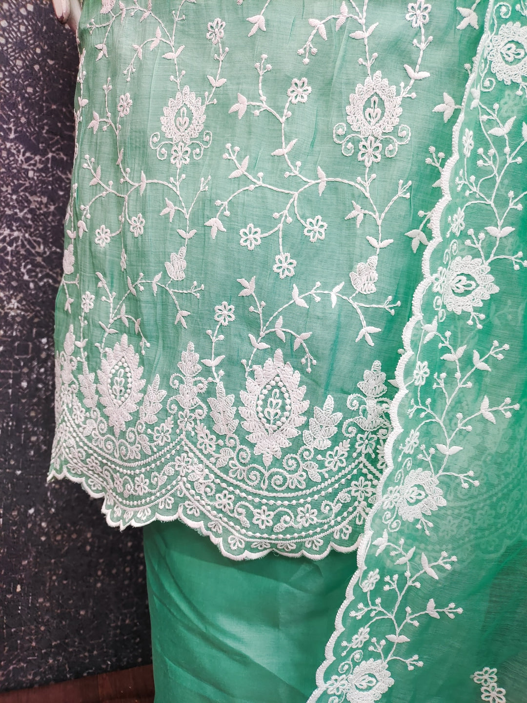 Peachmode Mint Green Chanderi Dress Material with Floral Embroidery - Image 3