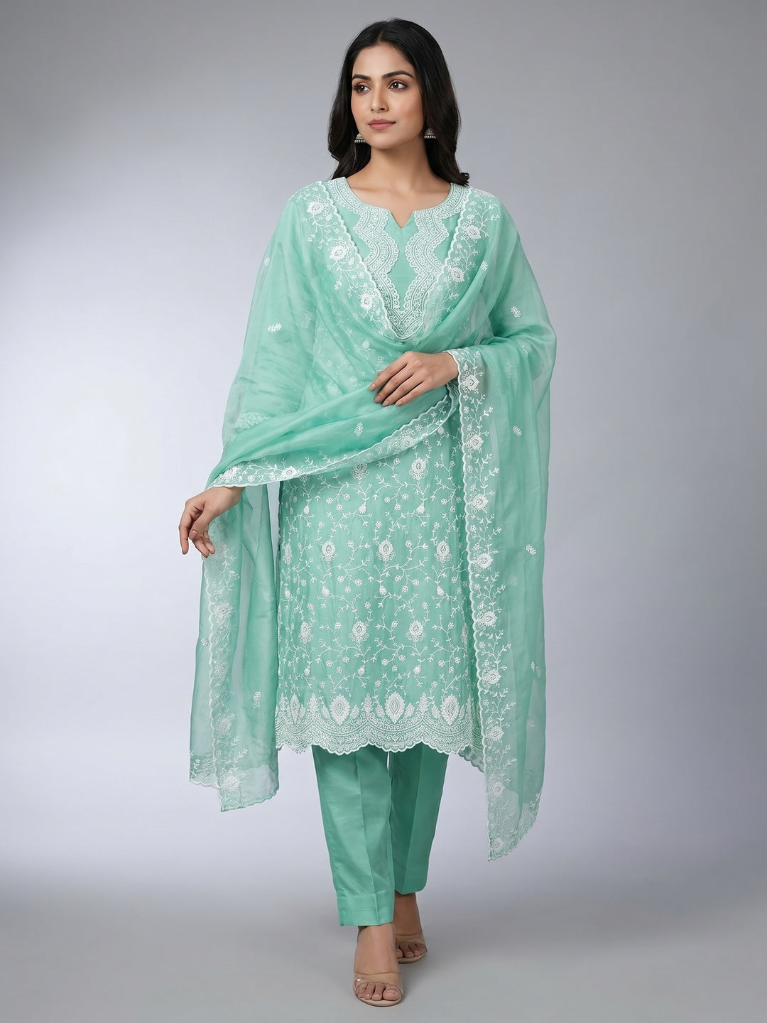 Peachmode Mint Green Chanderi Dress Material with Floral Embroidery - Image 1