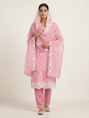 Peachmode Pink Chanderi Dress Material with Floral Embroidery - Image 1