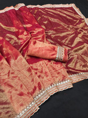 Peachmode Red Net Saree with Embroidered Border - Image 2