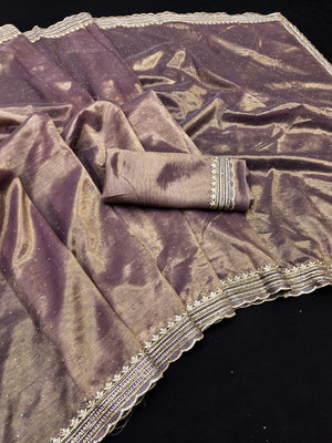 Peachmode Taupe Net Saree with Embroidered Border - Image 2