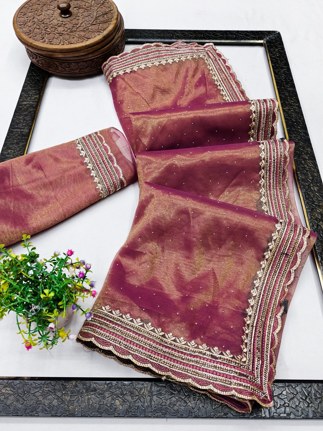 Peachmode Magenta Net Saree with Embroidered Border - Image 3