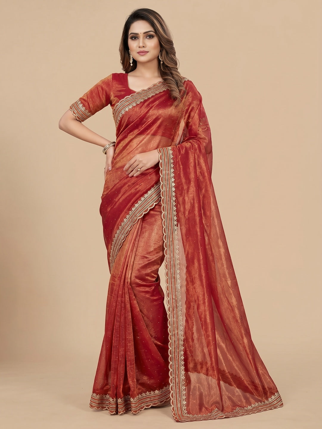 Peachmode Red Net Saree with Embroidered Border - Image 1