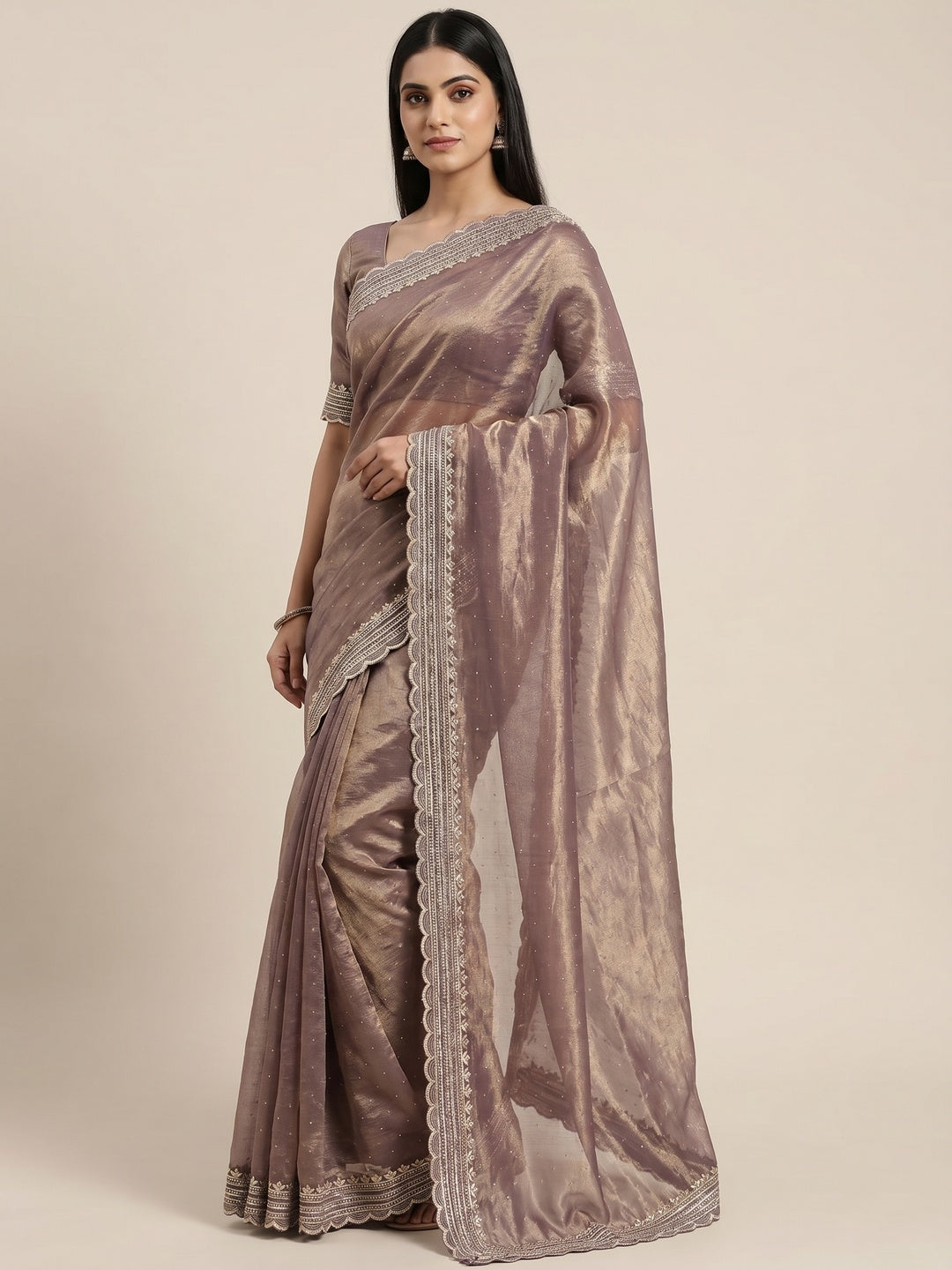 Peachmode Taupe Net Saree with Embroidered Border - Image 1
