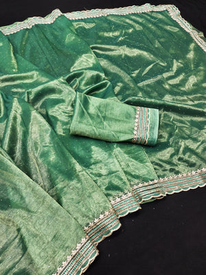 Peachmode Green Net Saree with Embroidered Border - Image 2