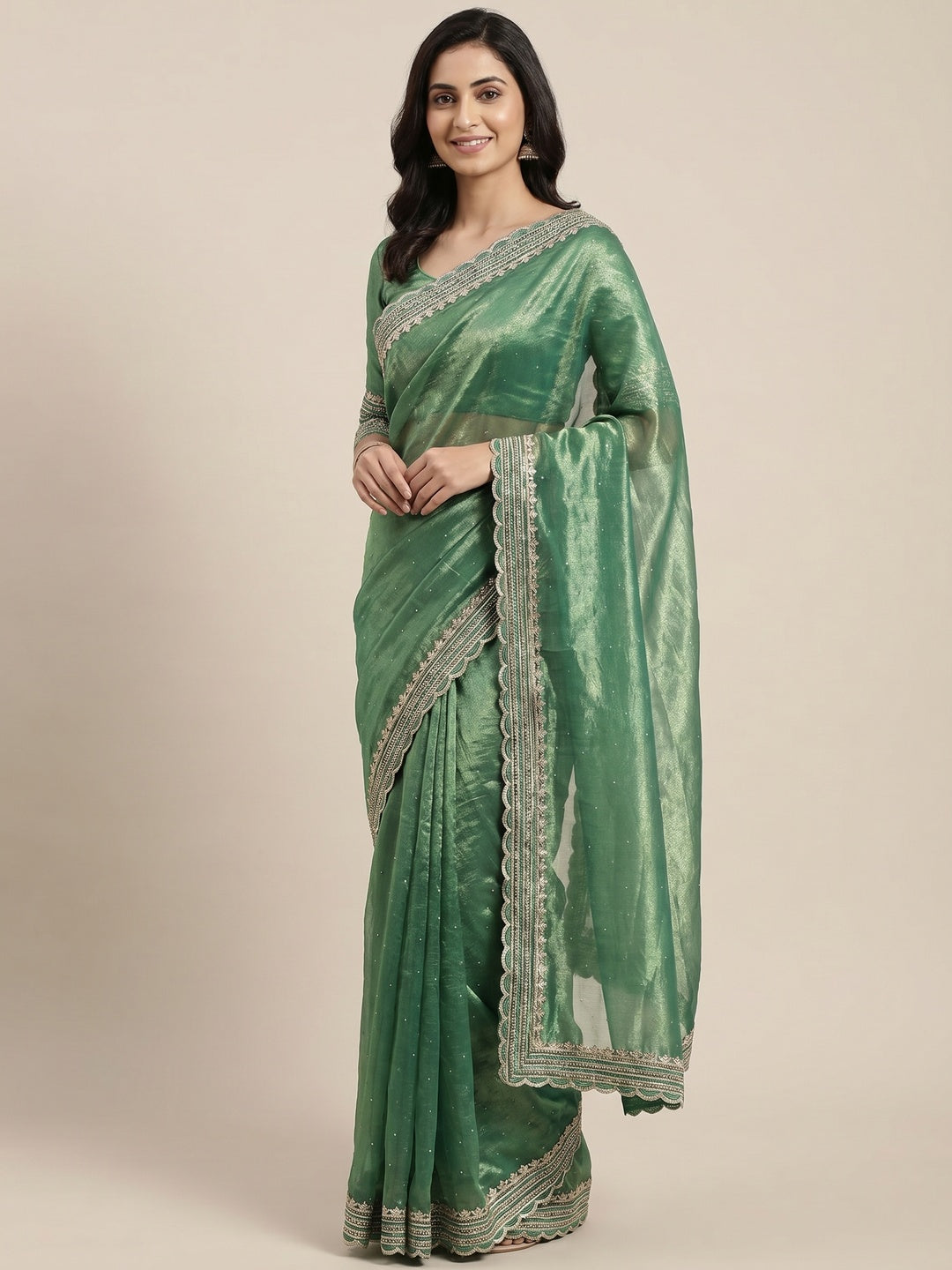 Peachmode Green Net Saree with Embroidered Border - Image 1