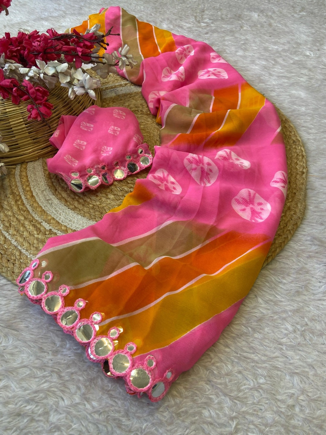Peachmode Pink Georgette Saree with Mirror Work - Image 3