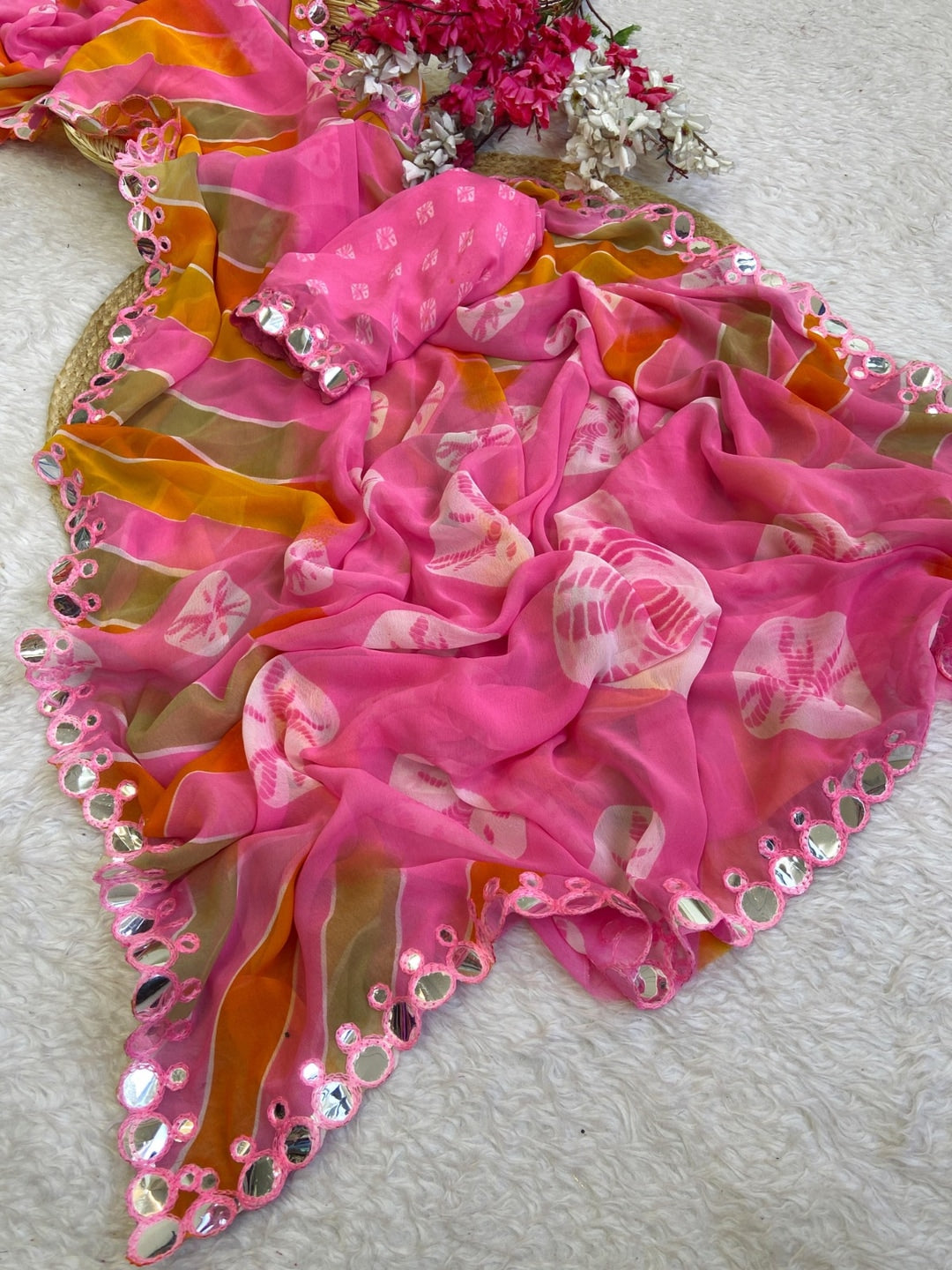 Peachmode Pink Georgette Saree with Mirror Work - Image 4
