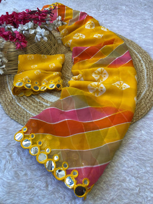 Peachmode Yellow Georgette Saree with Mirror Work - Image 2