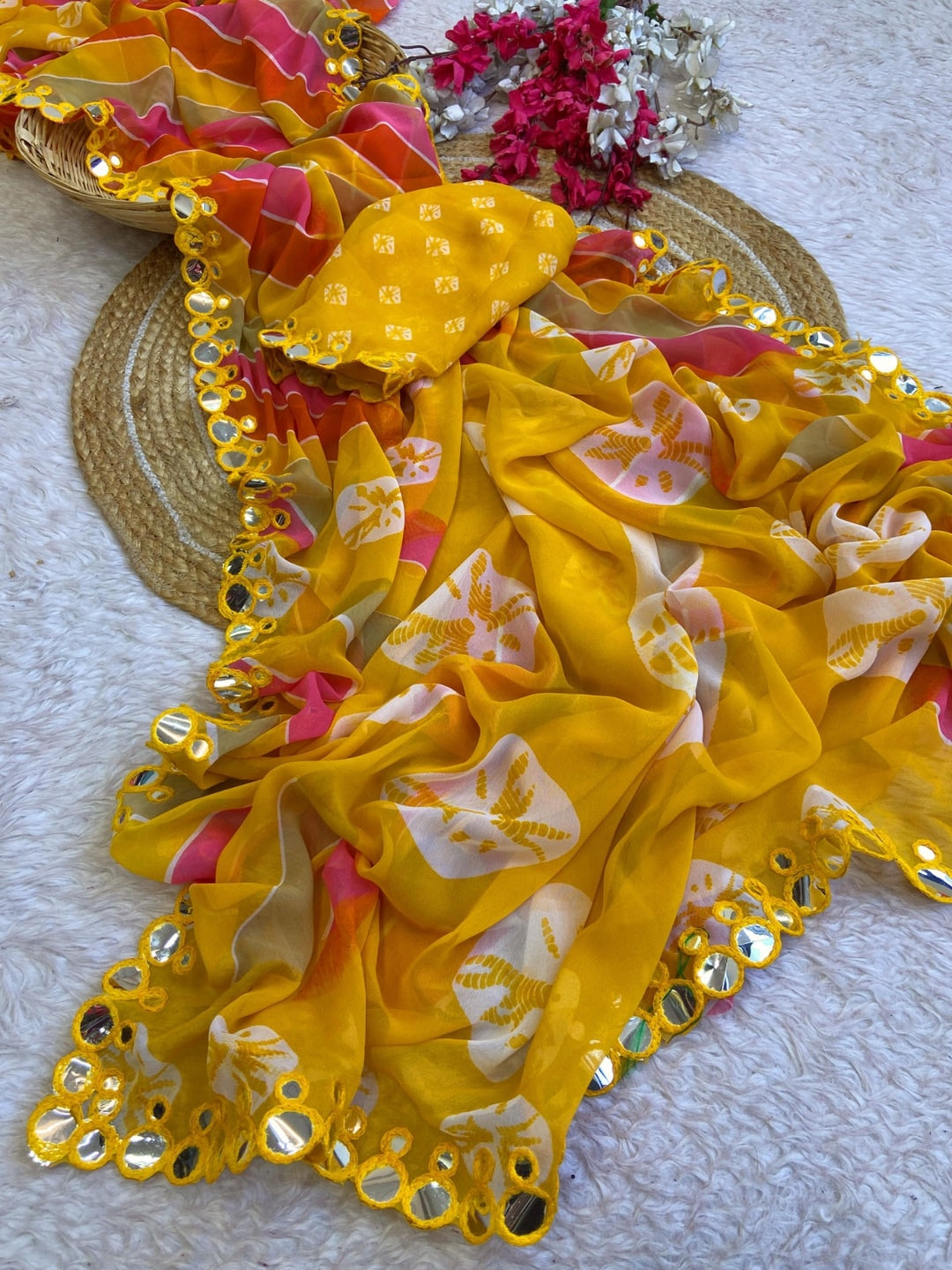 Peachmode Yellow Georgette Saree with Mirror Work - Image 3
