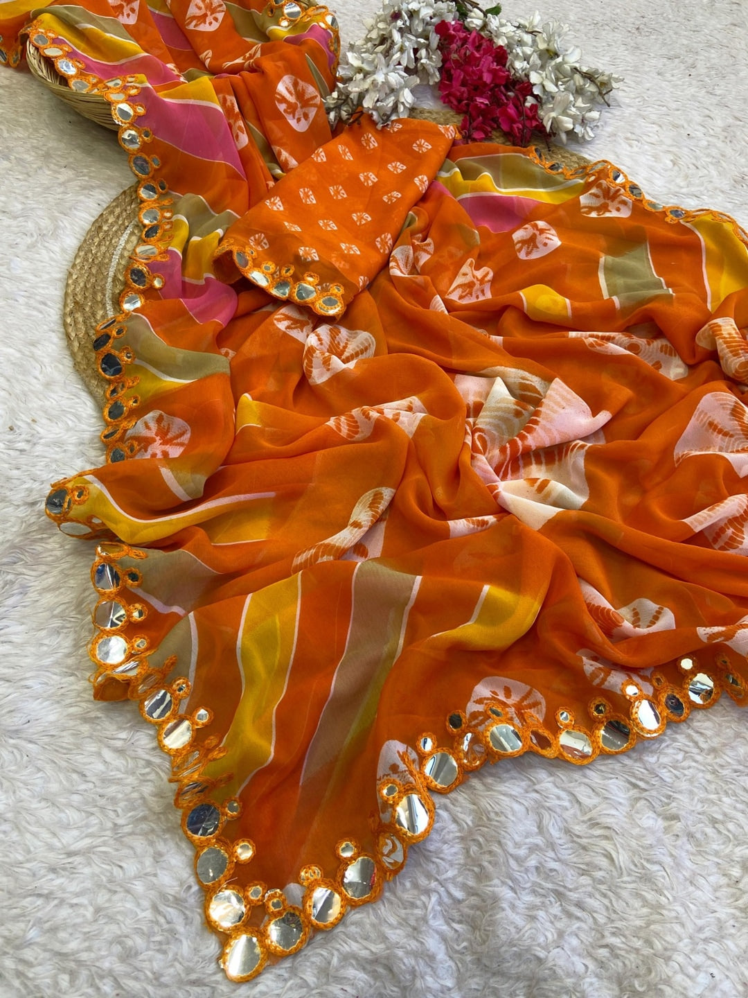 Peachmode Orange Georgette Saree with Mirror Work - Image 3