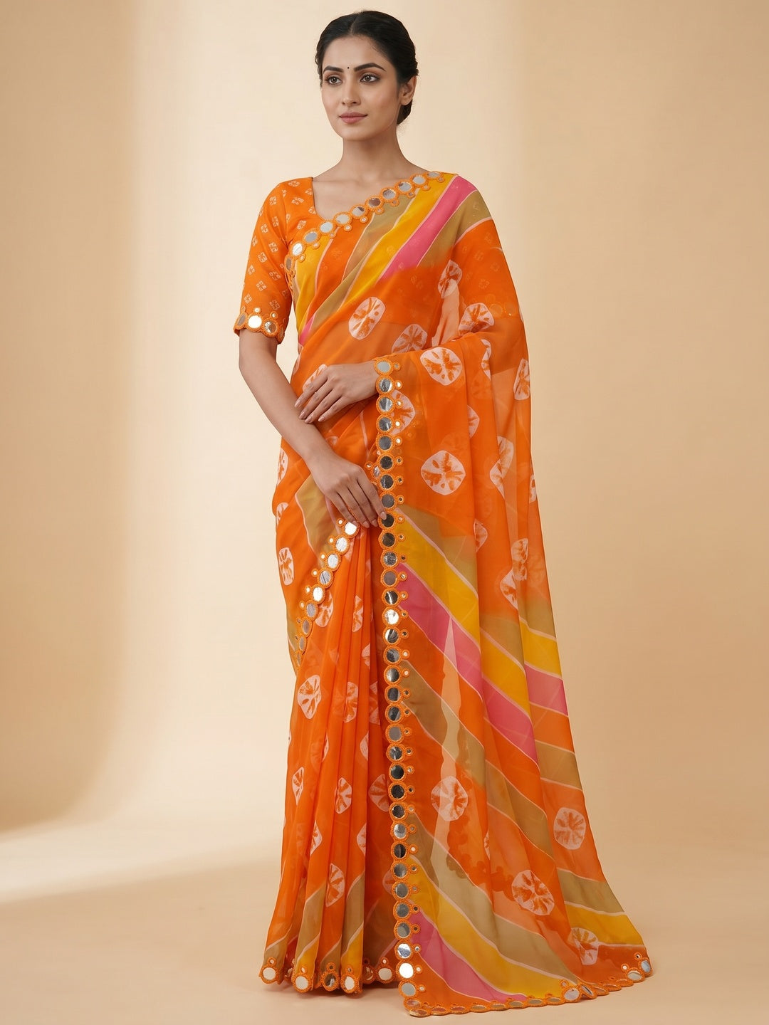 Peachmode Orange Georgette Saree with Mirror Work - Image 1