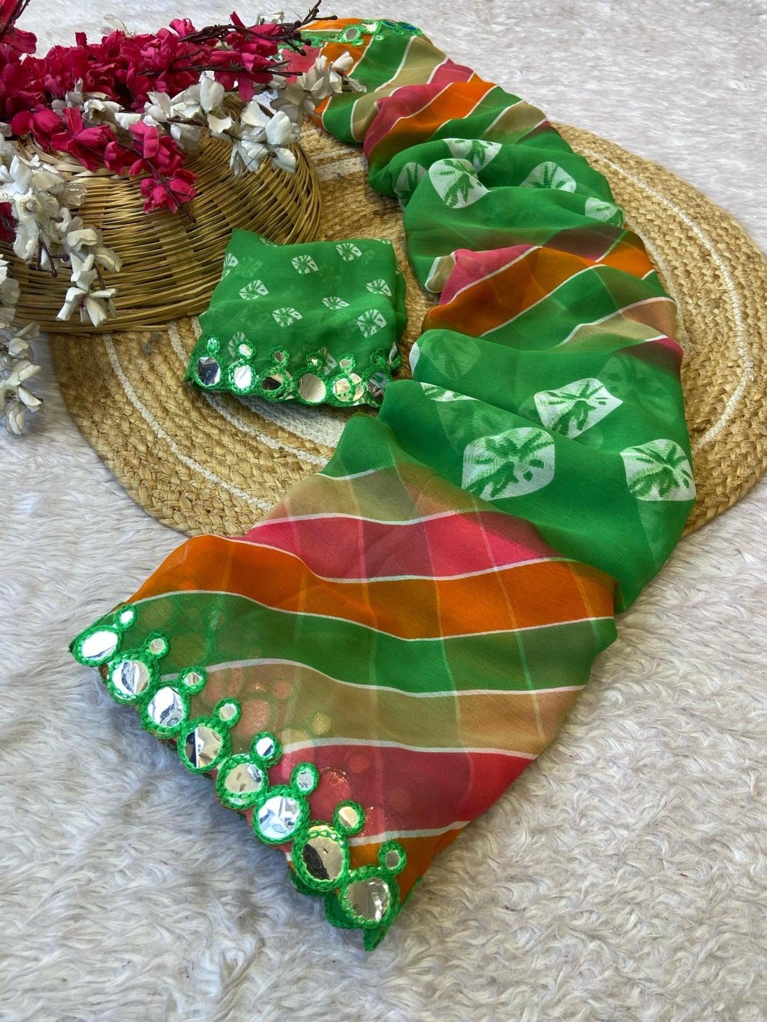 Peachmode Green Georgette Saree with Mirror Work - Image 2