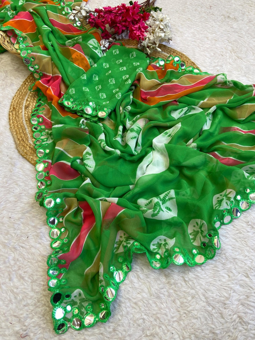 Peachmode Green Georgette Saree with Mirror Work - Image 3