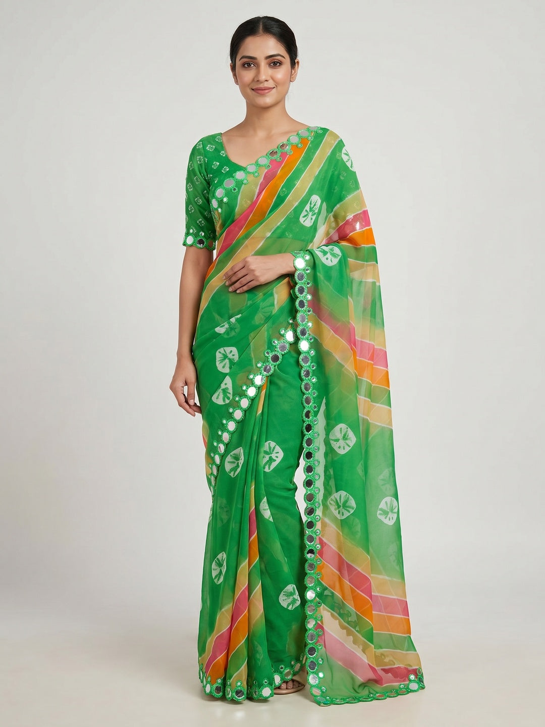 Peachmode Green Georgette Saree with Mirror Work - Image 1