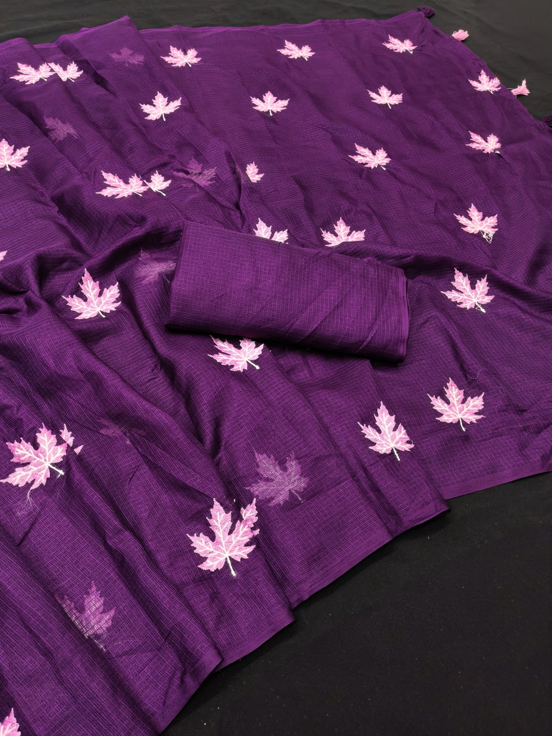 Peachmode Purple Kota Doria Embroidered Saree - Image 2