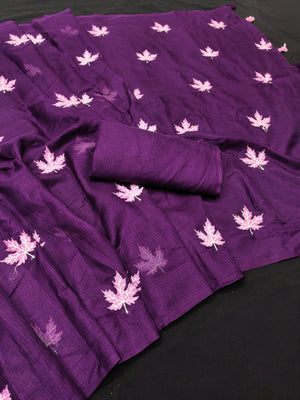 Peachmode Purple Kota Doria Embroidered Saree - Image 2