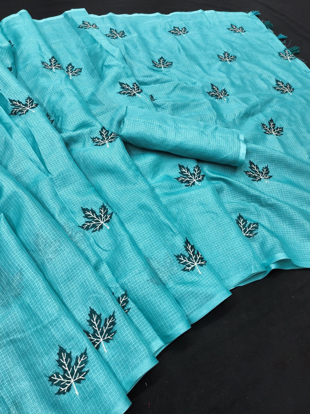 Peachmode Aqua Kota Doria Embroidered Saree - Image 2