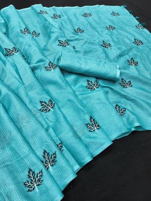 Peachmode Aqua Kota Doria Embroidered Saree - Image 2