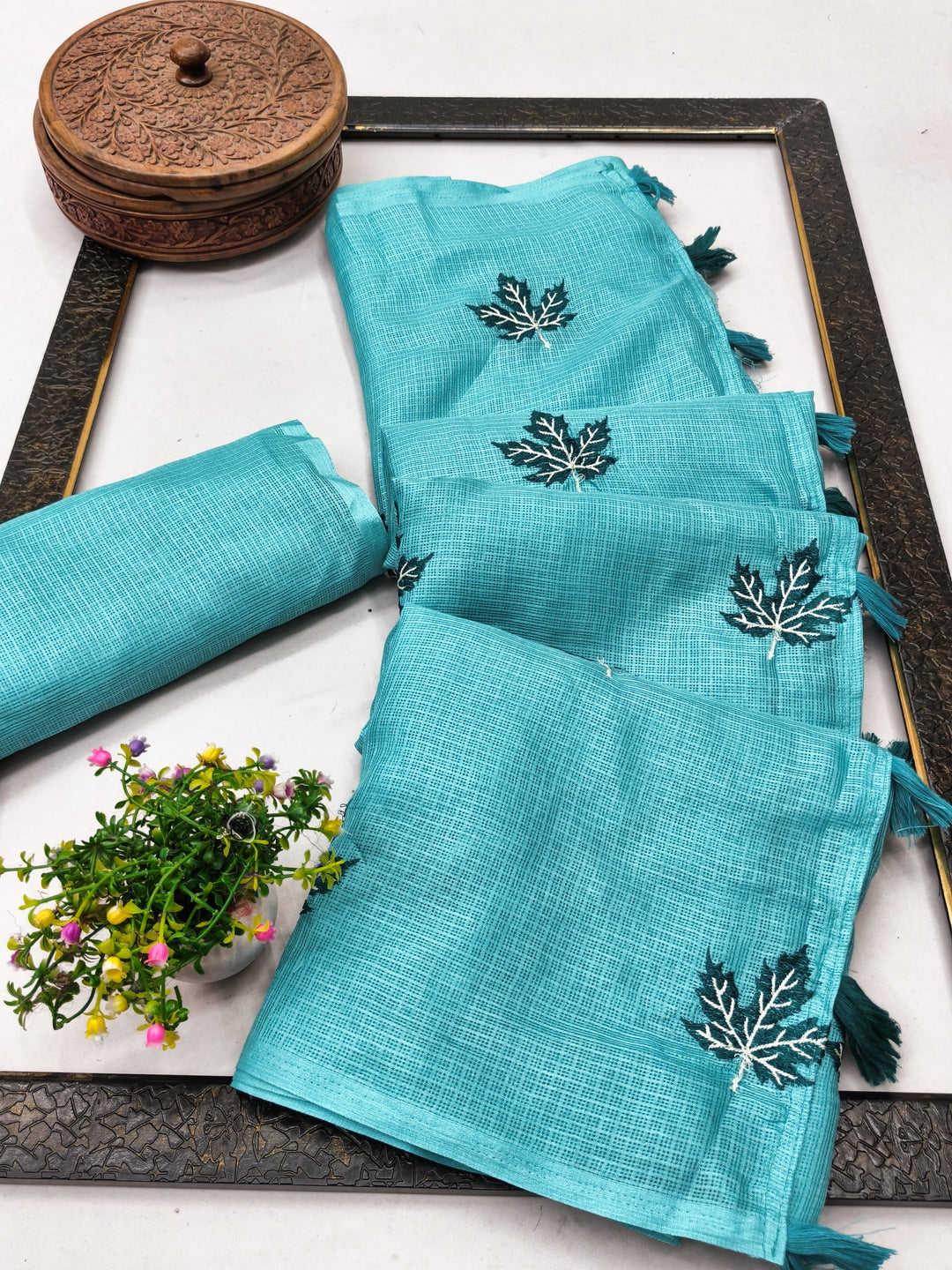 Peachmode Aqua Kota Doria Embroidered Saree - Image 3