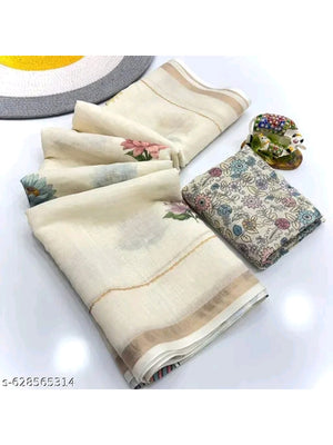 Peachmode Cream Linen Printed Saree with Floral Border - Image 2