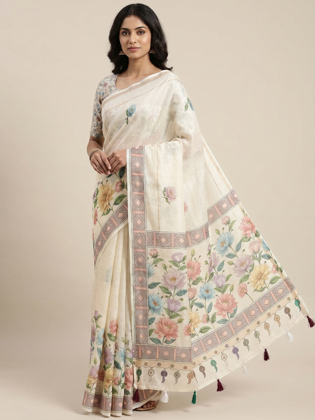 Peachmode Cream Linen Printed Saree with Floral Border - Image 1