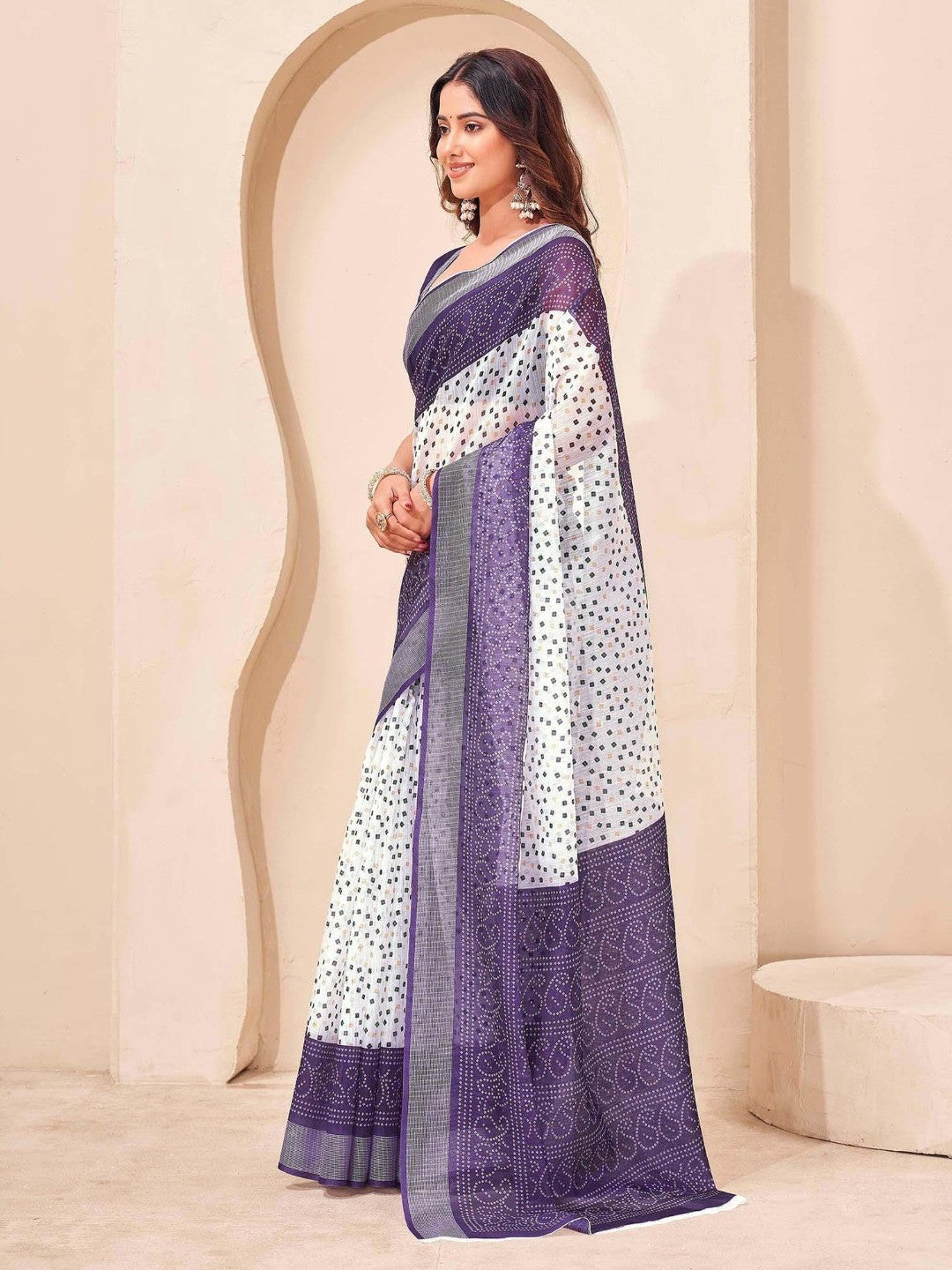 Peachmode White Lavender Soft Linen Saree - Lisa Linen - Image 4