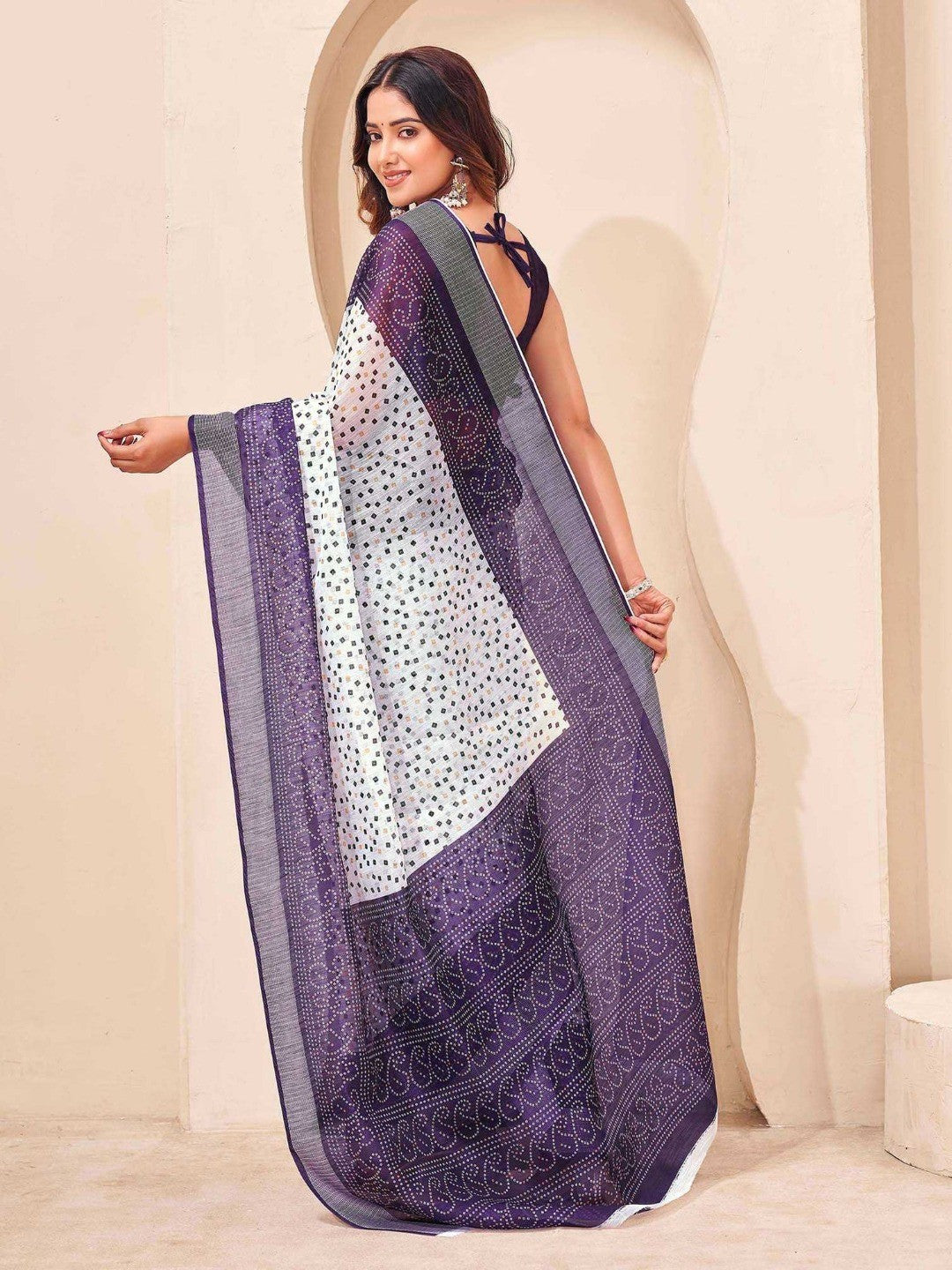 Peachmode White Lavender Soft Linen Saree - Lisa Linen - Image 5