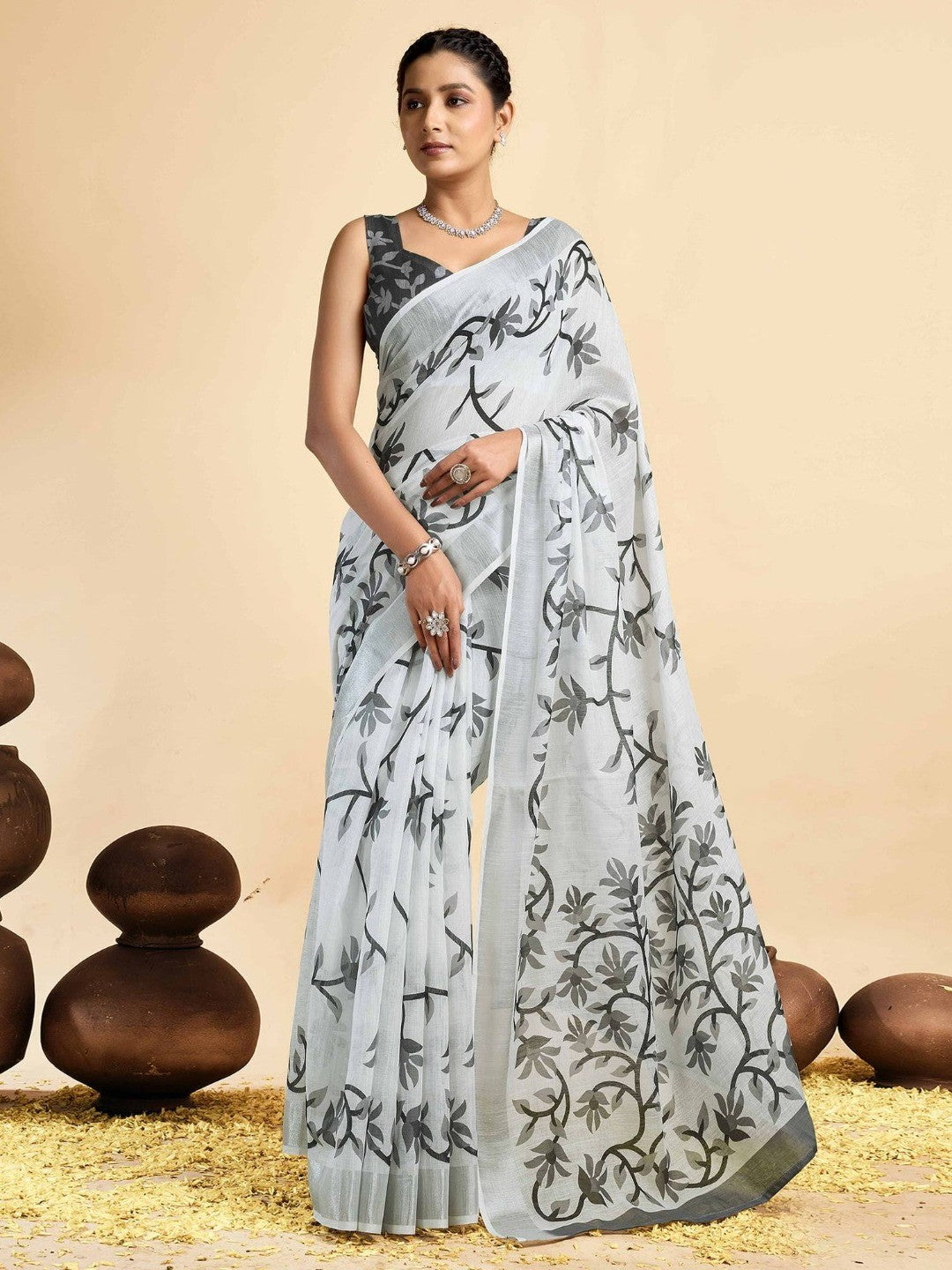 Peachmode White Soft Linen Saree - Lisa Linen - Image 1