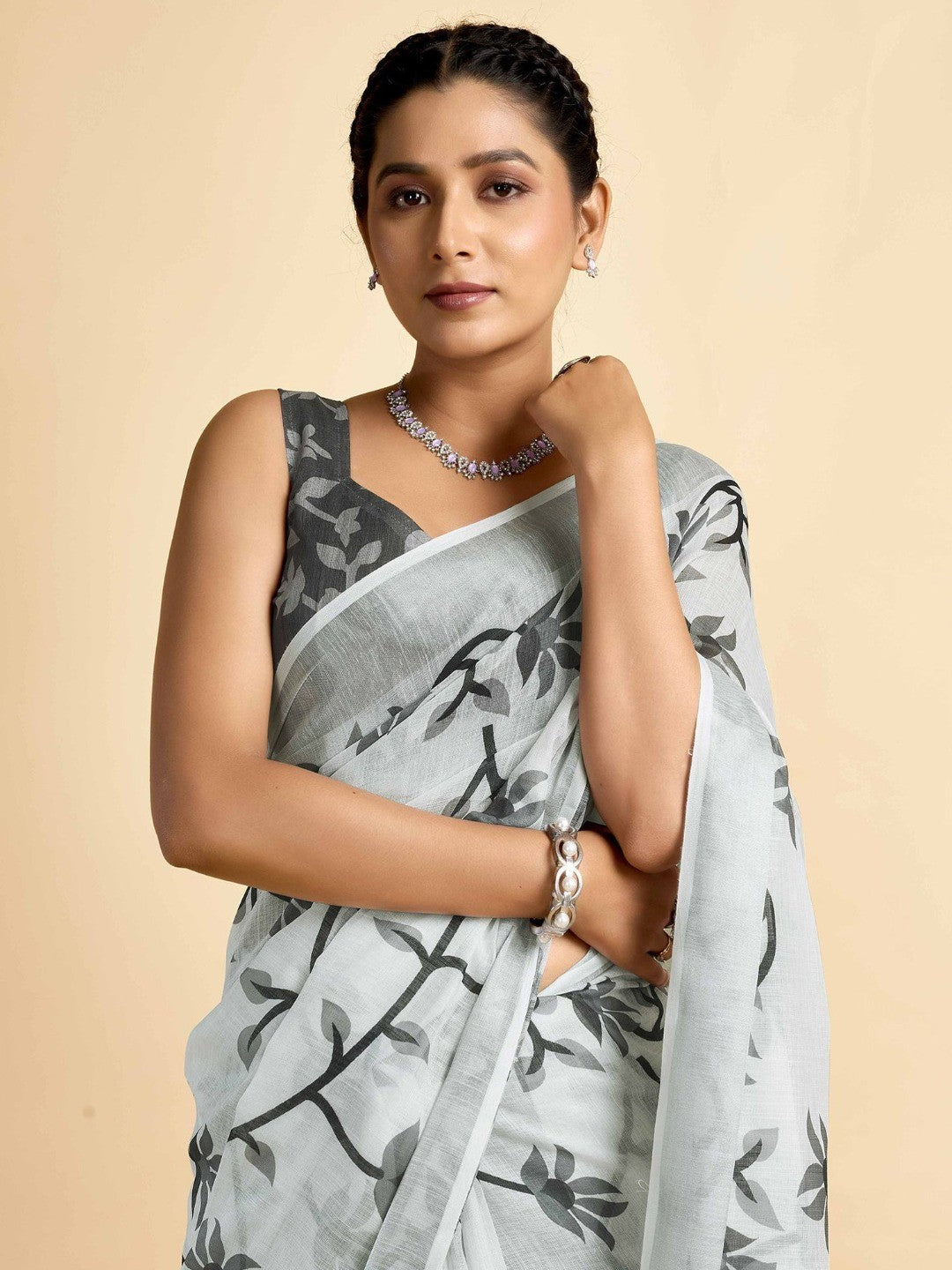 Peachmode White Soft Linen Saree - Lisa Linen - Image 2