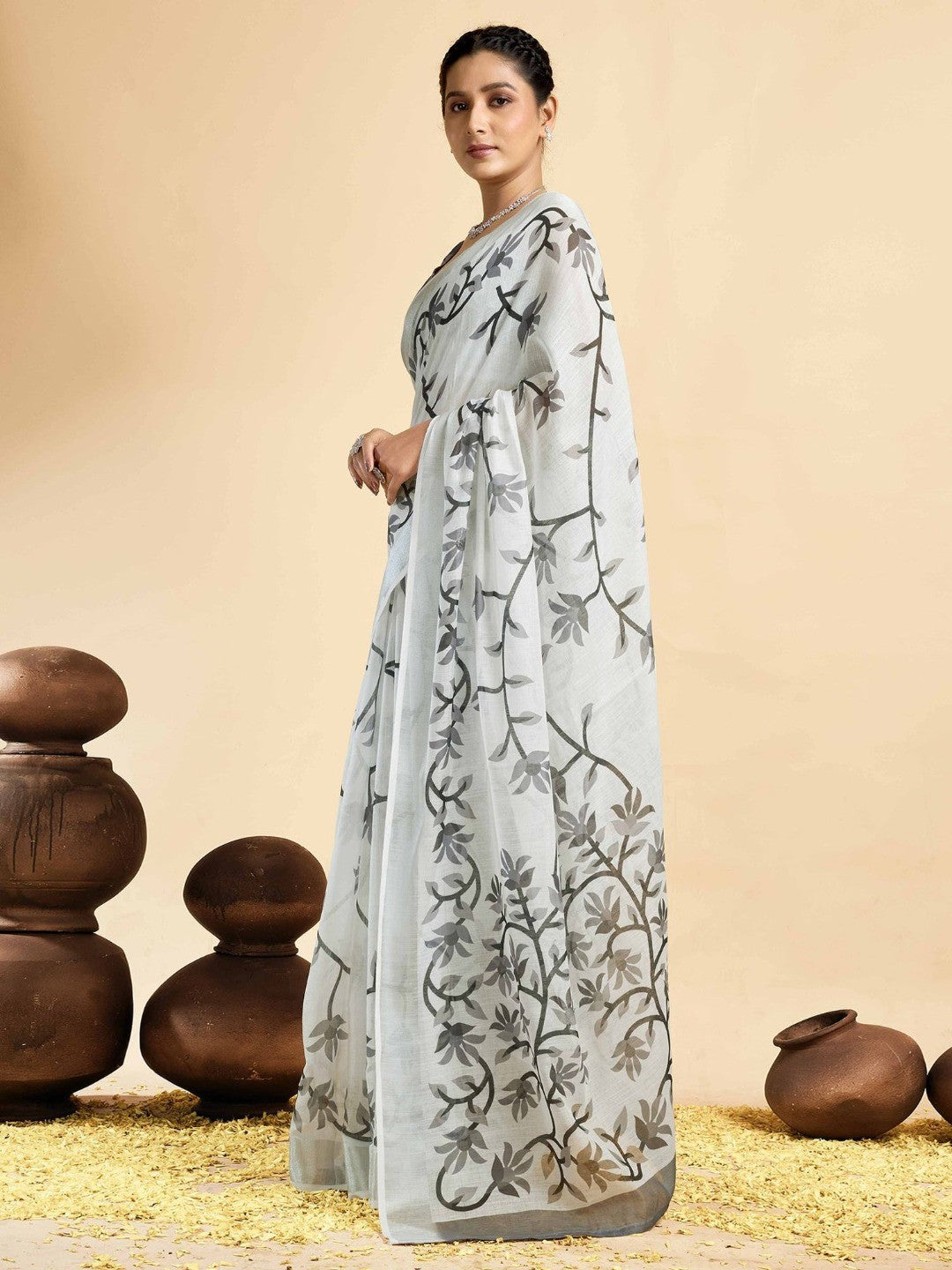 Peachmode White Soft Linen Saree - Lisa Linen - Image 3