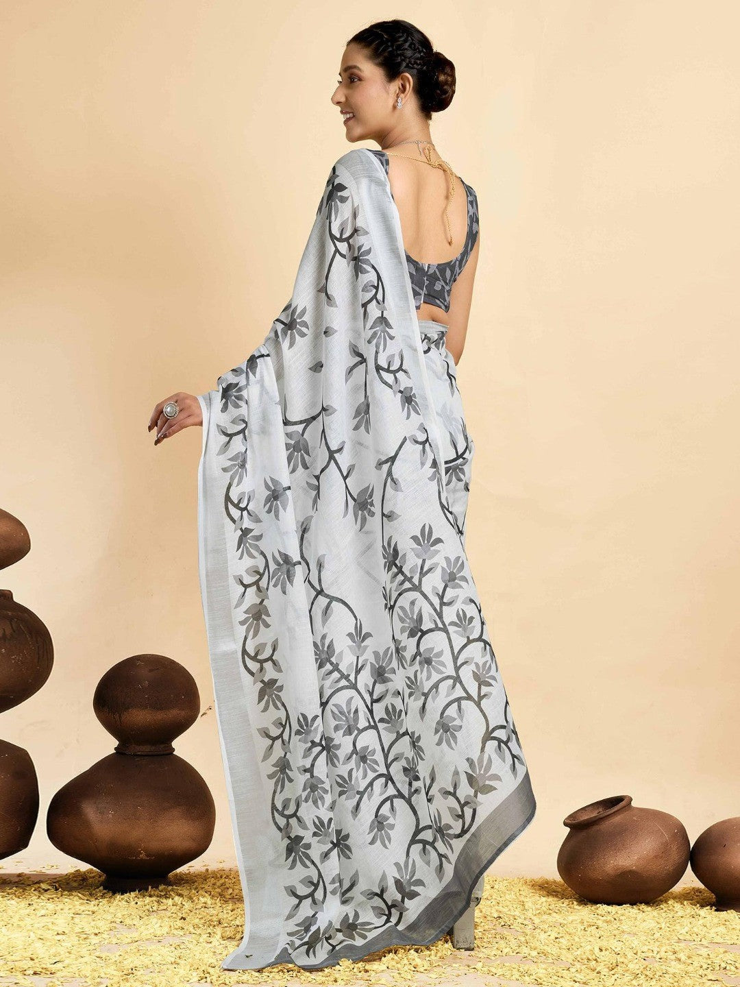 Peachmode White Soft Linen Saree - Lisa Linen - Image 5