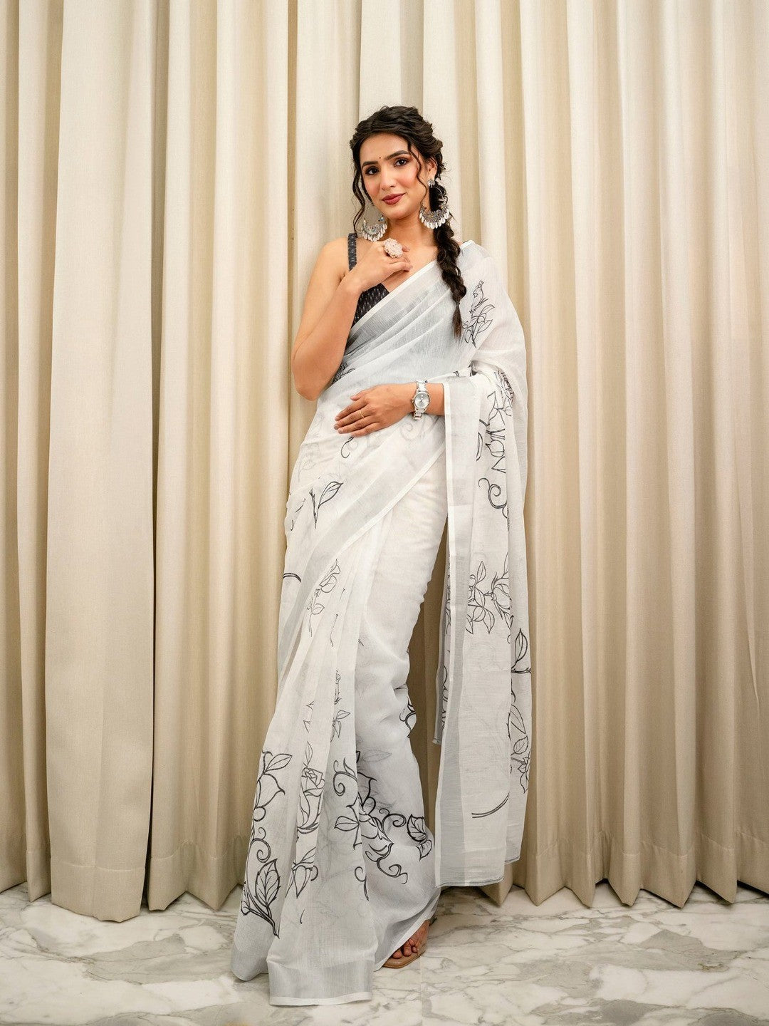 Peachmode Off White Soft Linen Saree - Lisa Linen - Image 3