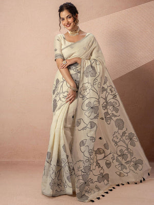 Peachmode Cream Soft Linen Saree - Lisa Linen - Image 1