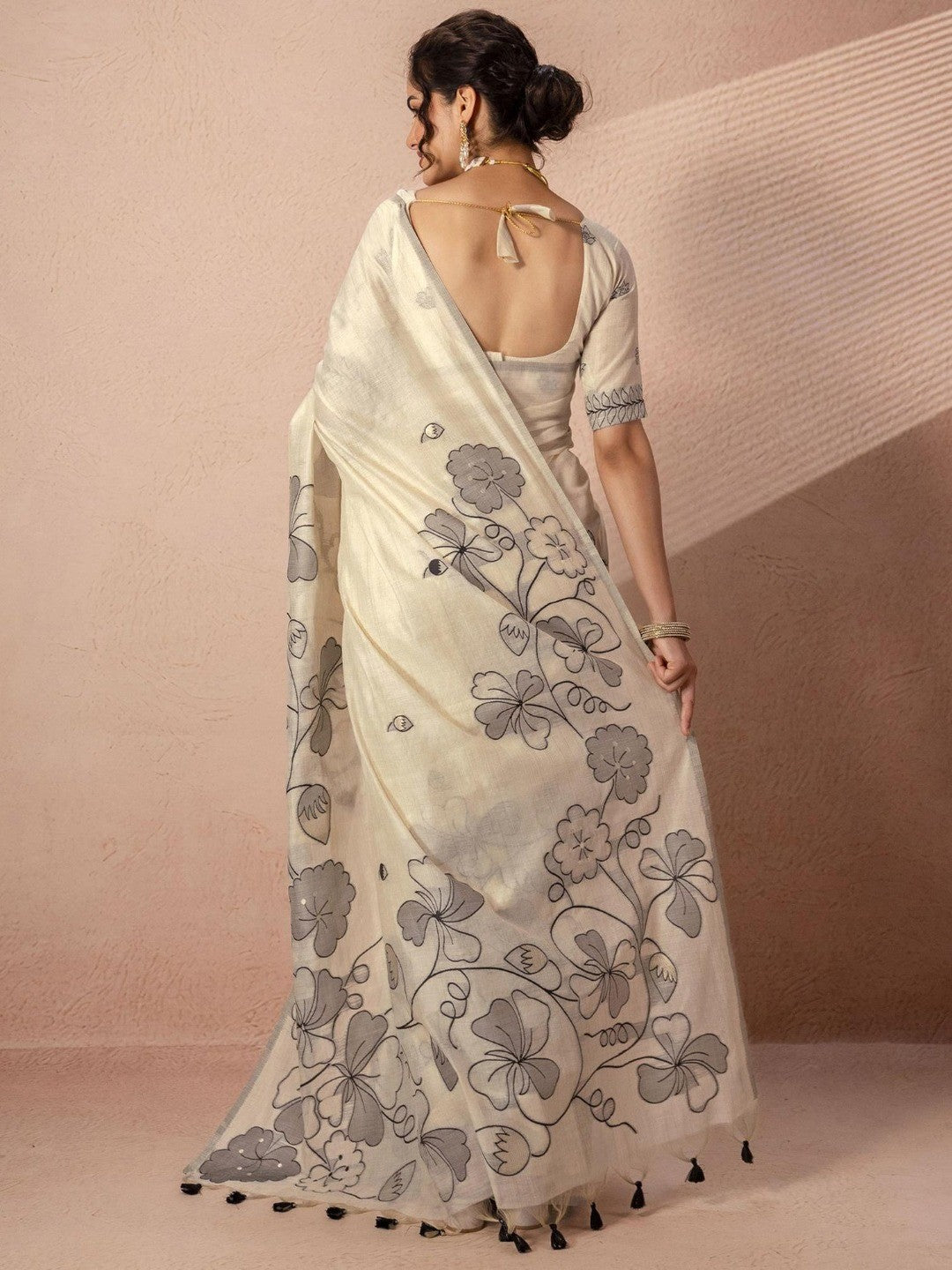 Peachmode Cream Soft Linen Saree - Lisa Linen - Image 2