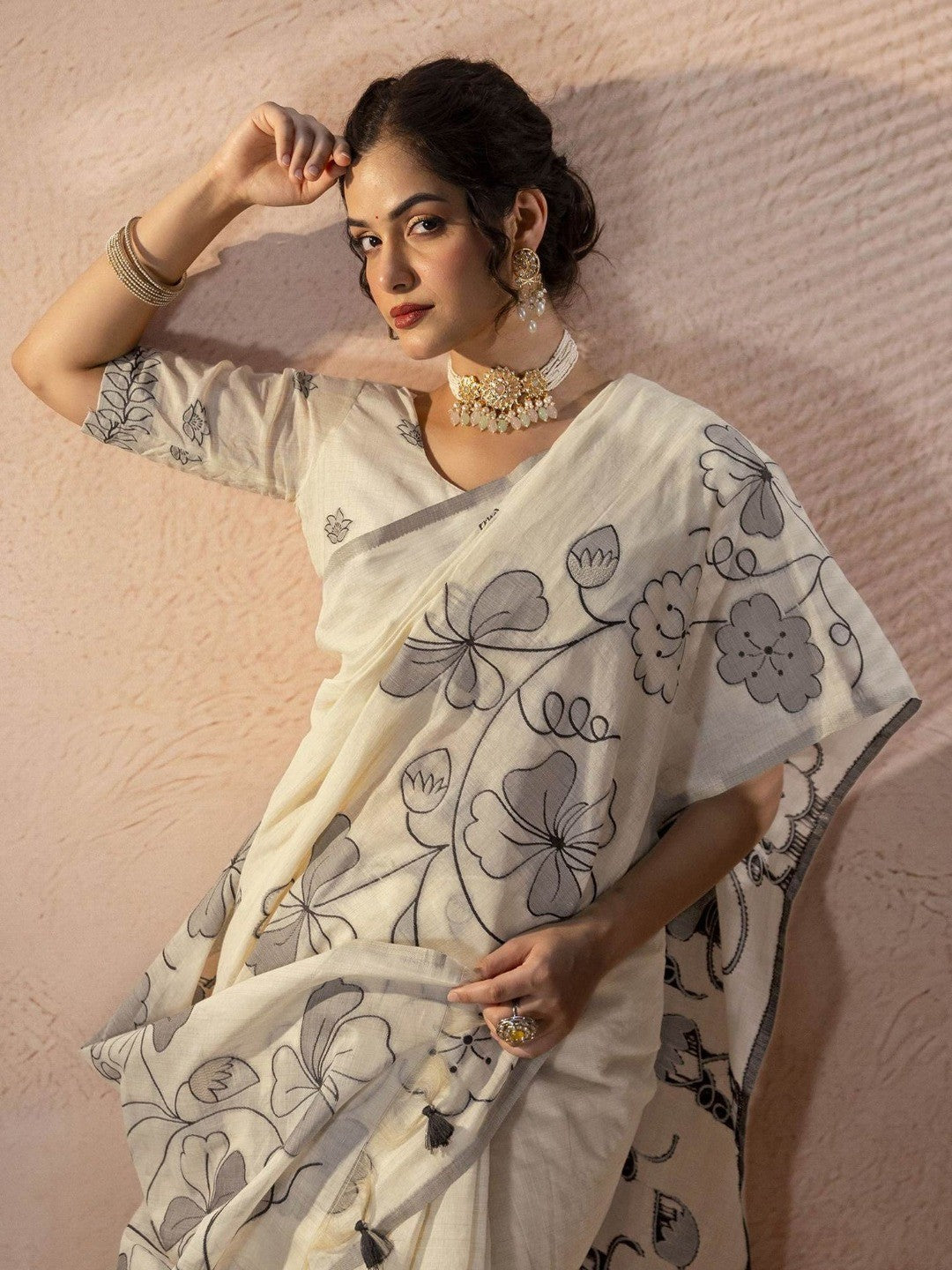 Peachmode Cream Soft Linen Saree - Lisa Linen - Image 3