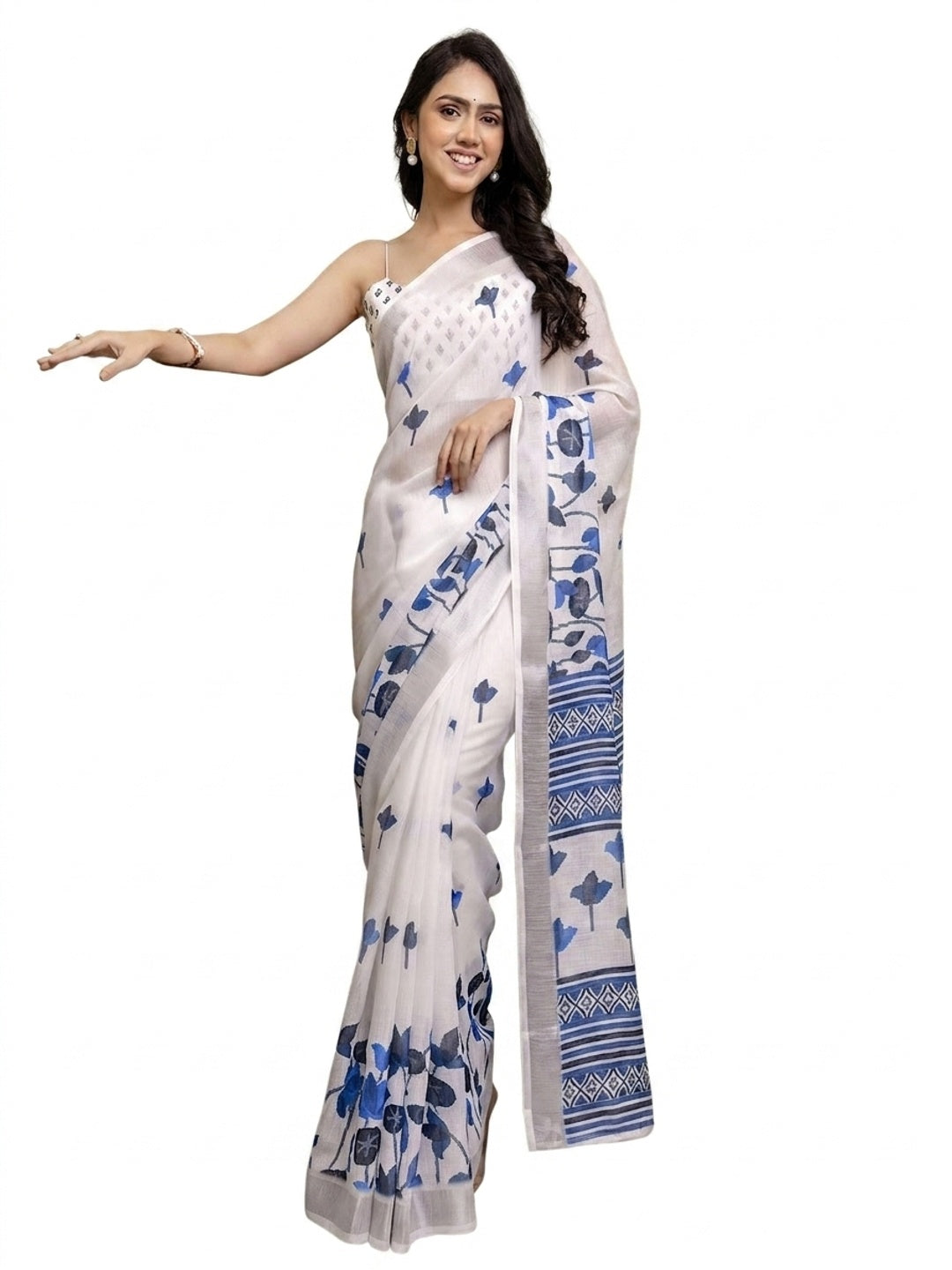 Peachmode White Blue Soft Linen Saree - Lisa Linen - Image 6