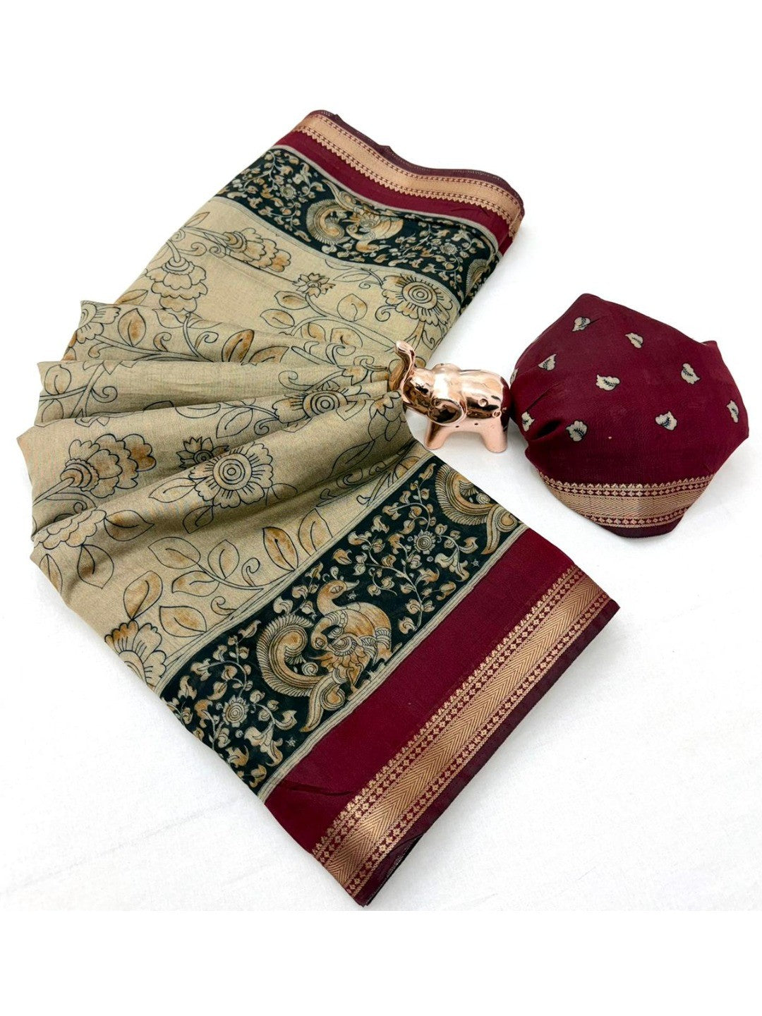 Peachmode Beige Mangalagiri Silk Saree with Red Border - Image 2