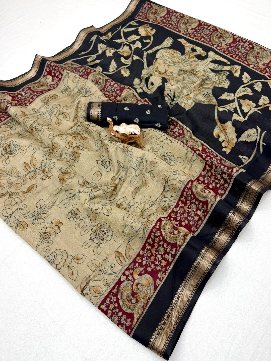 Peachmode Beige Mangalagiri Silk Saree with Black Border - Image 2