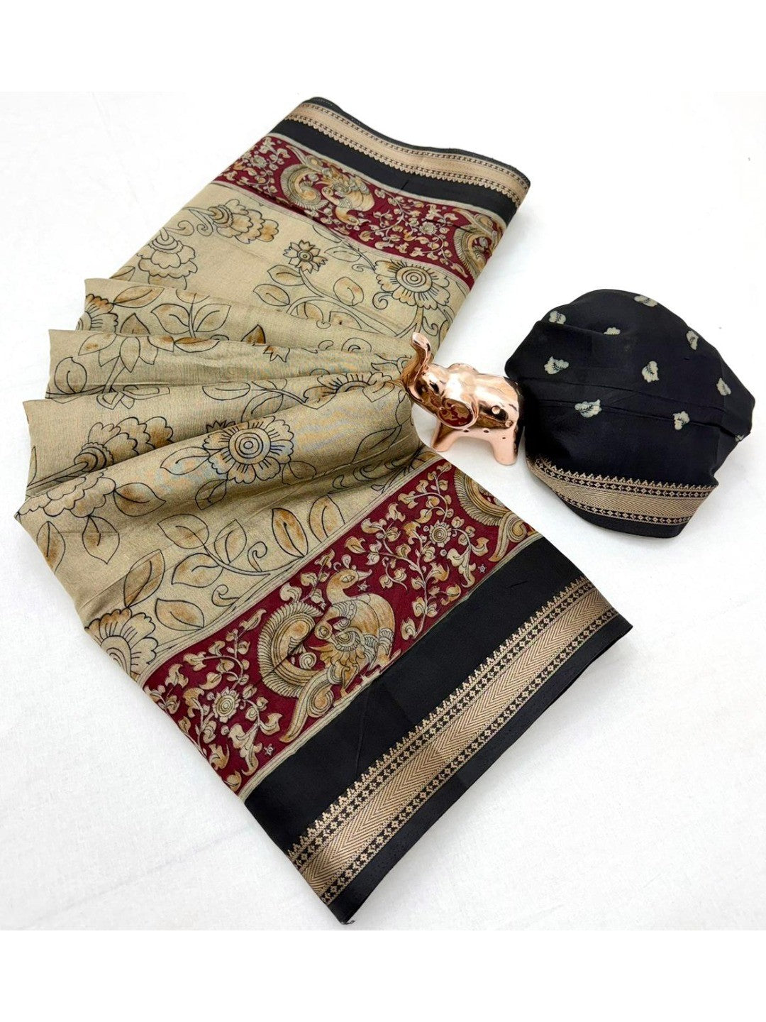 Peachmode Beige Mangalagiri Silk Saree with Black Border - Image 4