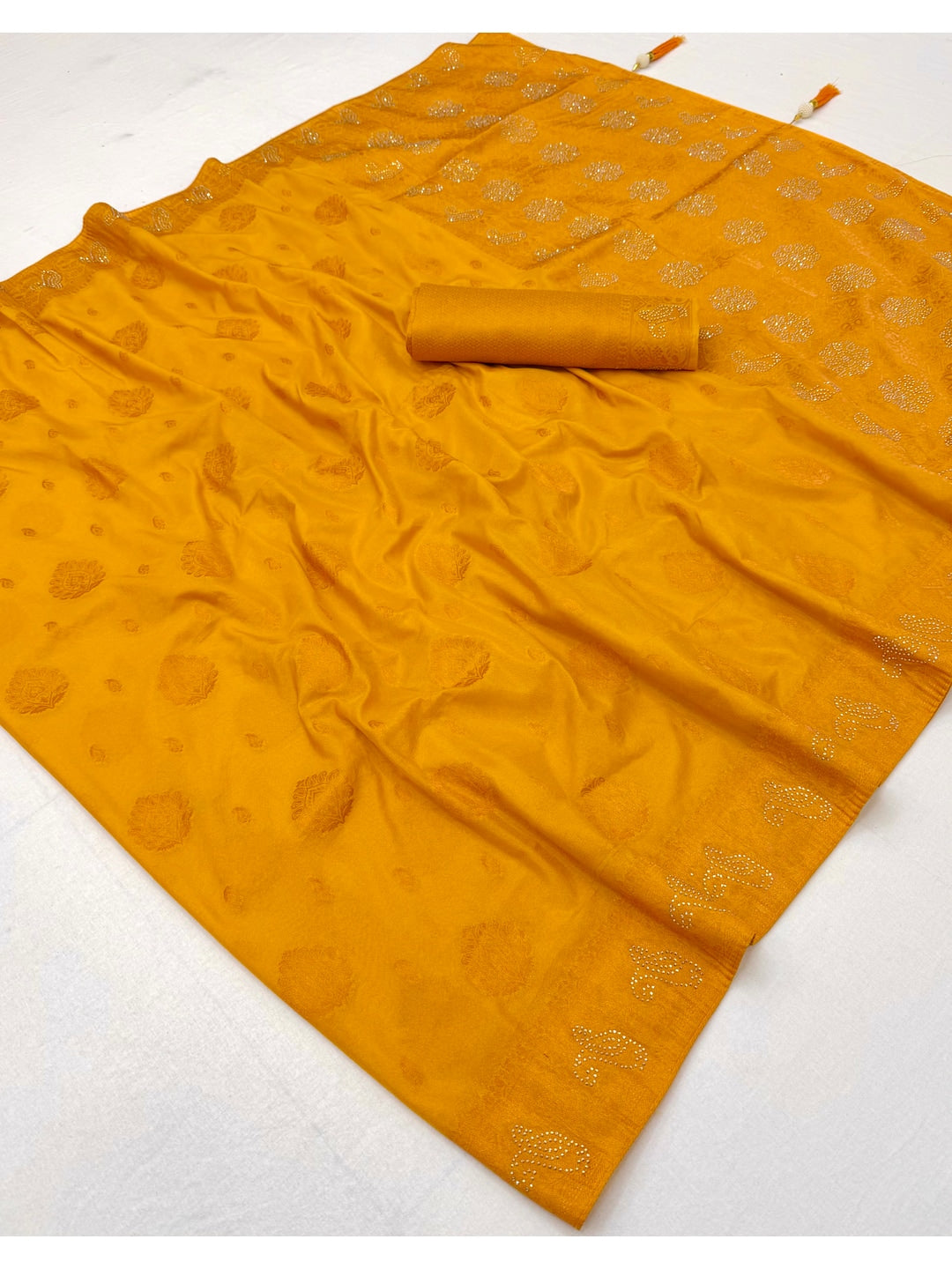 Peachmode Yellow Soft Dola Silk Zari Work Saree - Image 3