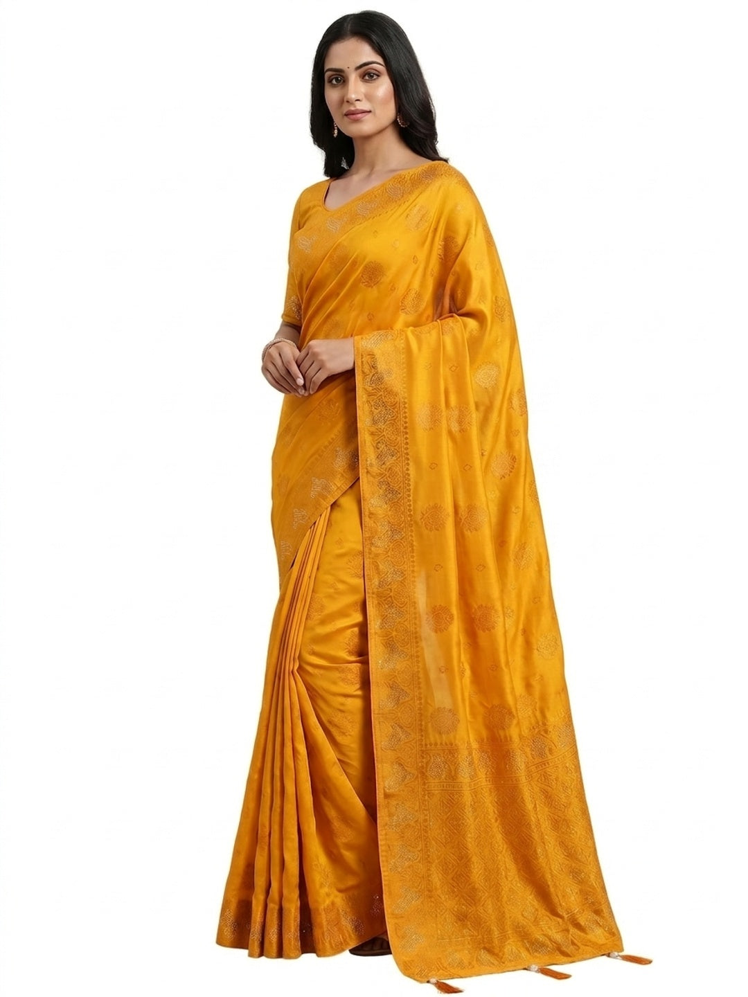 Peachmode Yellow Soft Dola Silk Zari Work Saree - Image 4