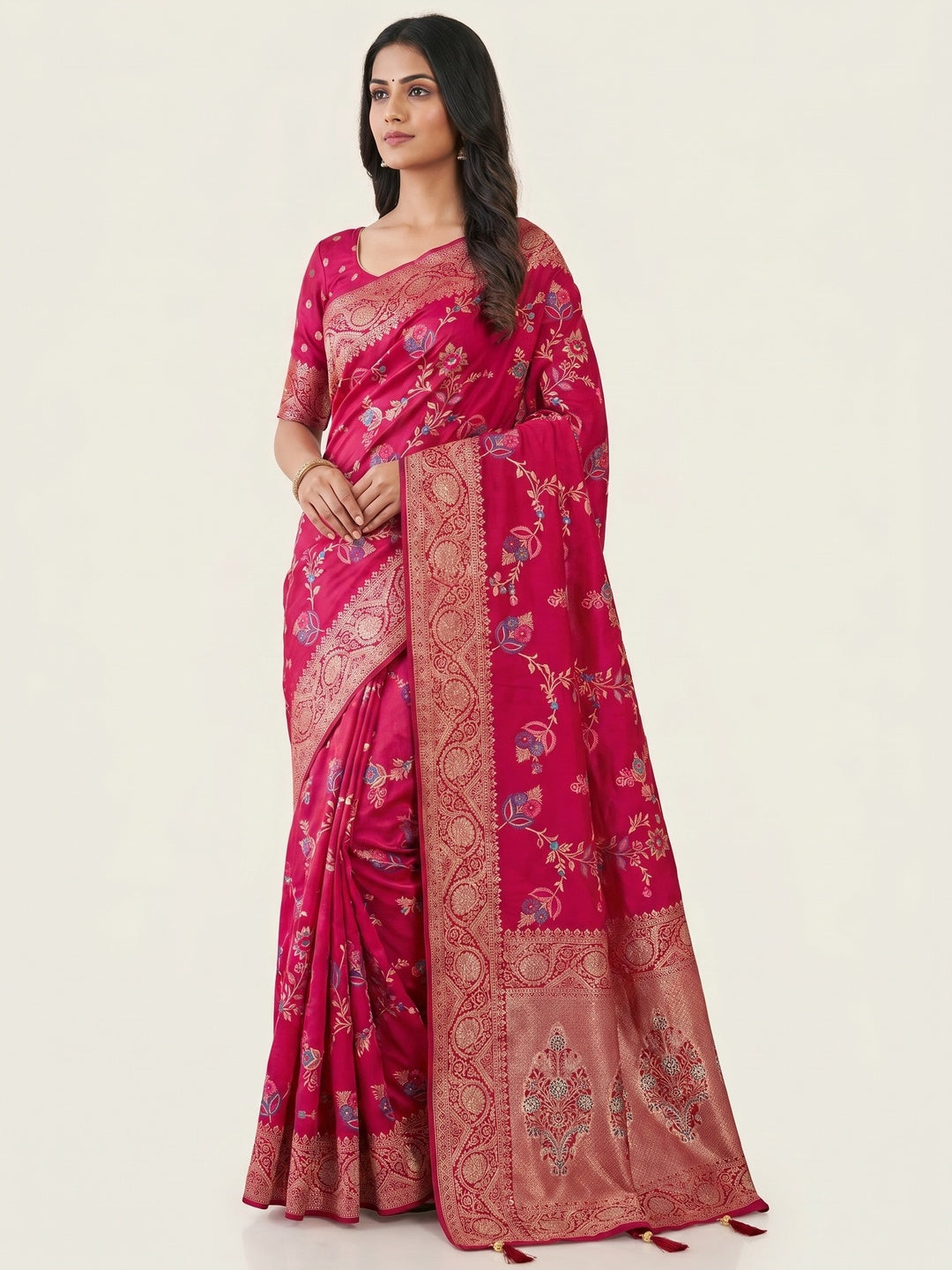 Peachmode Pink Soft Dola Silk Zari Work Saree - Image 1