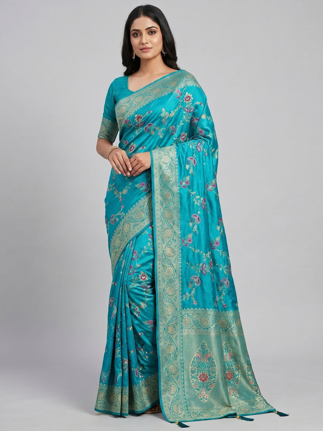 Peachmode Turquoise Soft Dola Silk Zari Work Saree - Image 1