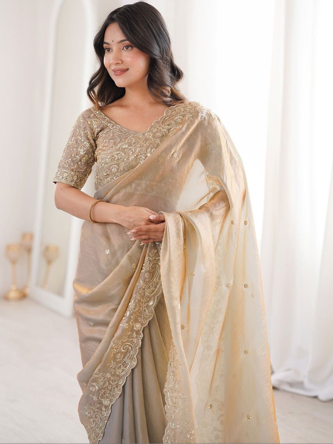 Peachmode Beige Fendi Satin Embroidered Saree - Image 5