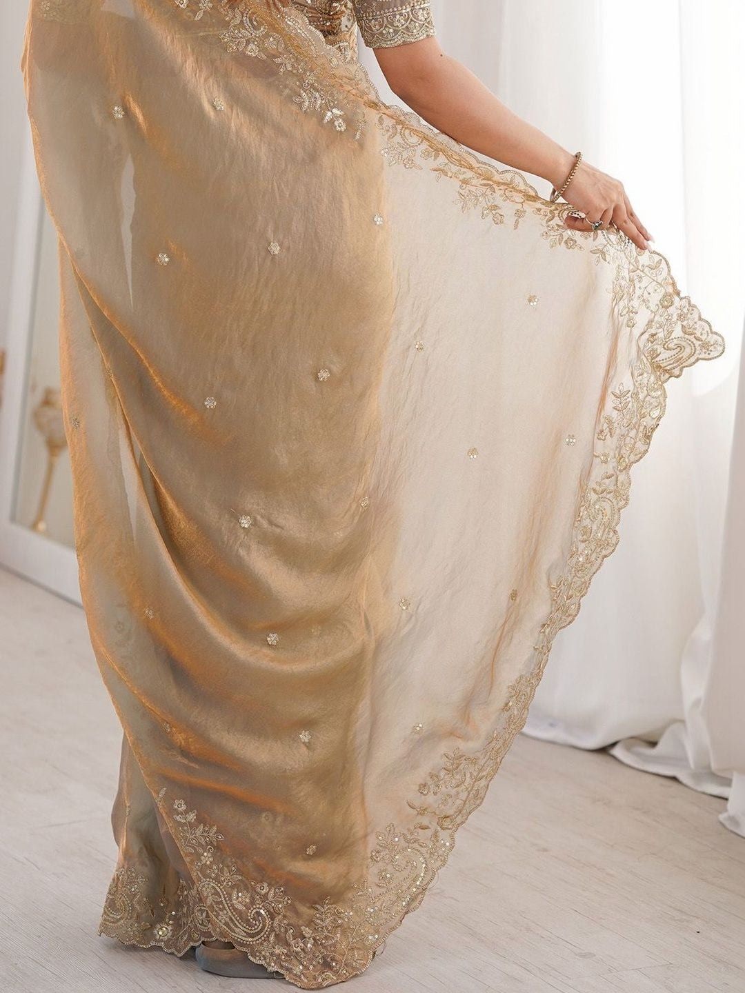 Peachmode Beige Fendi Satin Embroidered Saree - Image 7