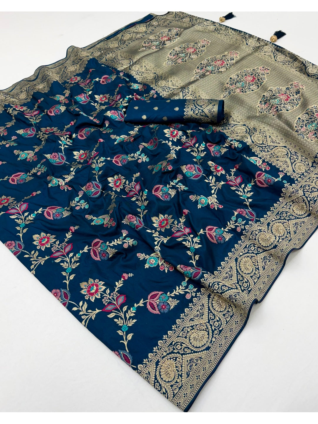 Peachmode Blue Soft Dola Silk Zari Work Saree - Image 3