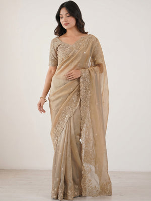 Peachmode Beige Fendi Satin Embroidered Saree - Image 1