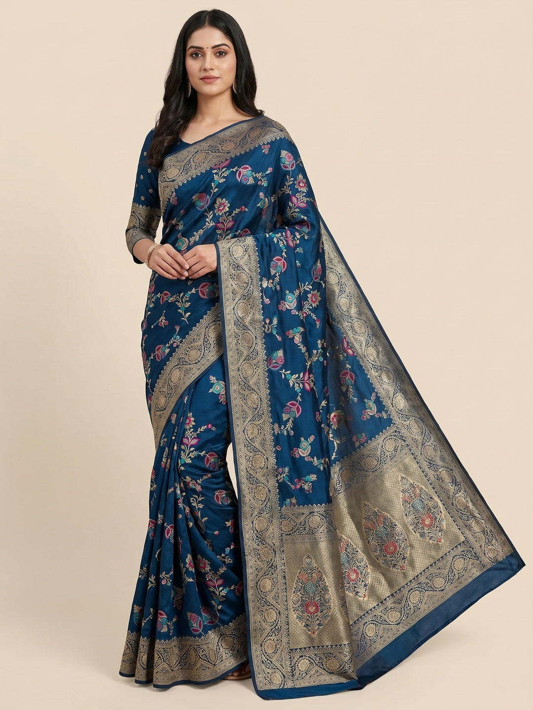 Peachmode Blue Soft Dola Silk Zari Work Saree - Image 1